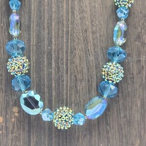 Artisan Made Blue Crystal Necklace Faceted Beads Gold Tone Single Strand Costume